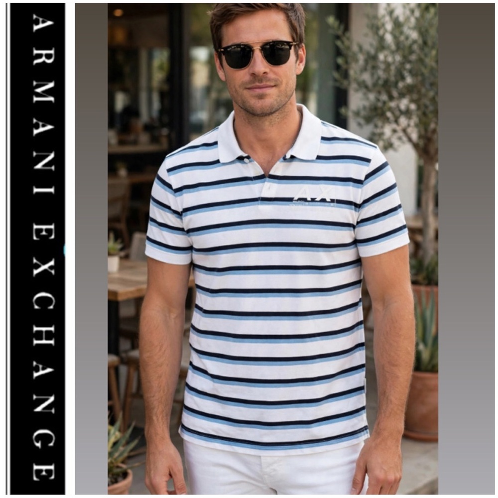Armani Exchange White & Navy Striped Polo Shirt